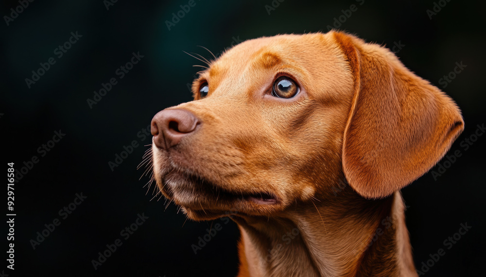 Close-up portrait of a brown dog with expressive eyes looking up against a dark background, highlighting its fur and curious expression. Close-up portrait of a brown dog with expressive eyes looking up against a dark background, highlighting its fur and curious expression.