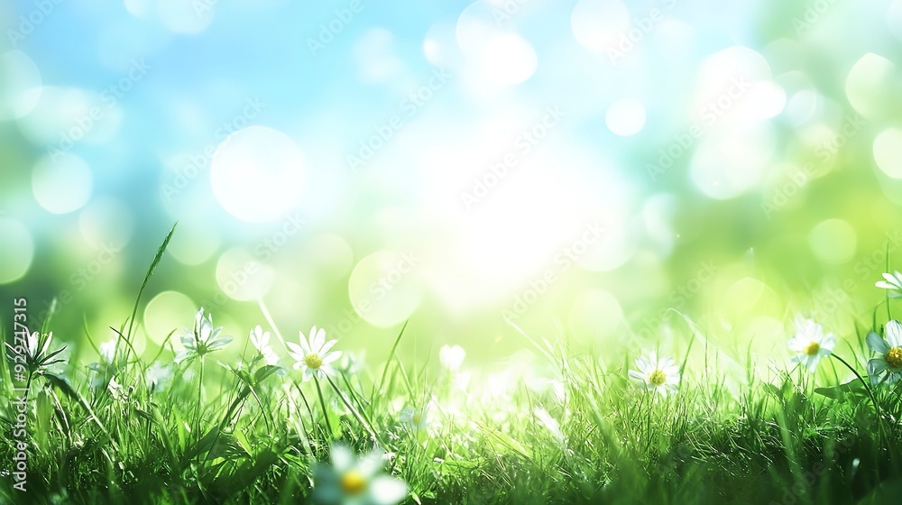 Obraz premium nature background with sunny spring meadow blur background blue sky to green grass
