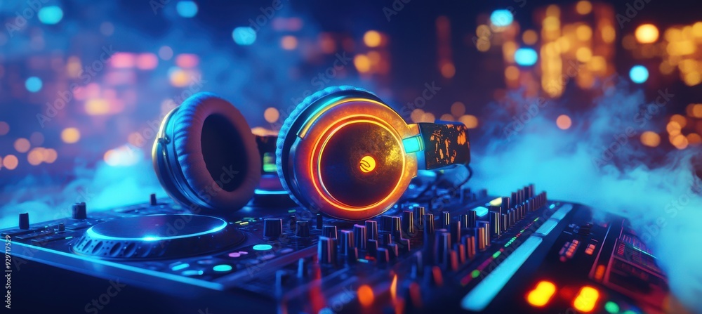Colorful DJ headphones on DJ console in the background of a fuzzy smoky dark nightclub Colorful DJ headphones on DJ console in the background of a fuzzy smoky dark nightclub