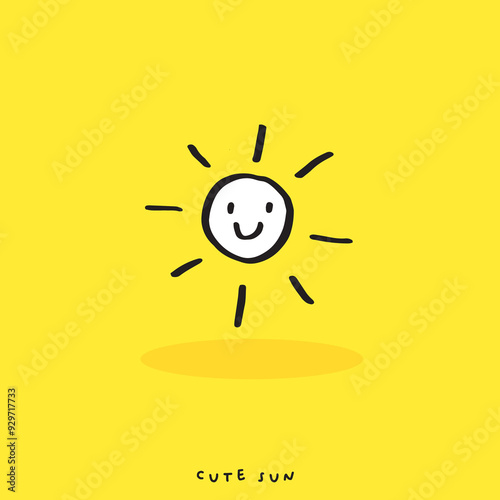 Cute doodle sun, Hand drawn of sun, Hand drawing sun, isolated on yellow background. vector illustration 