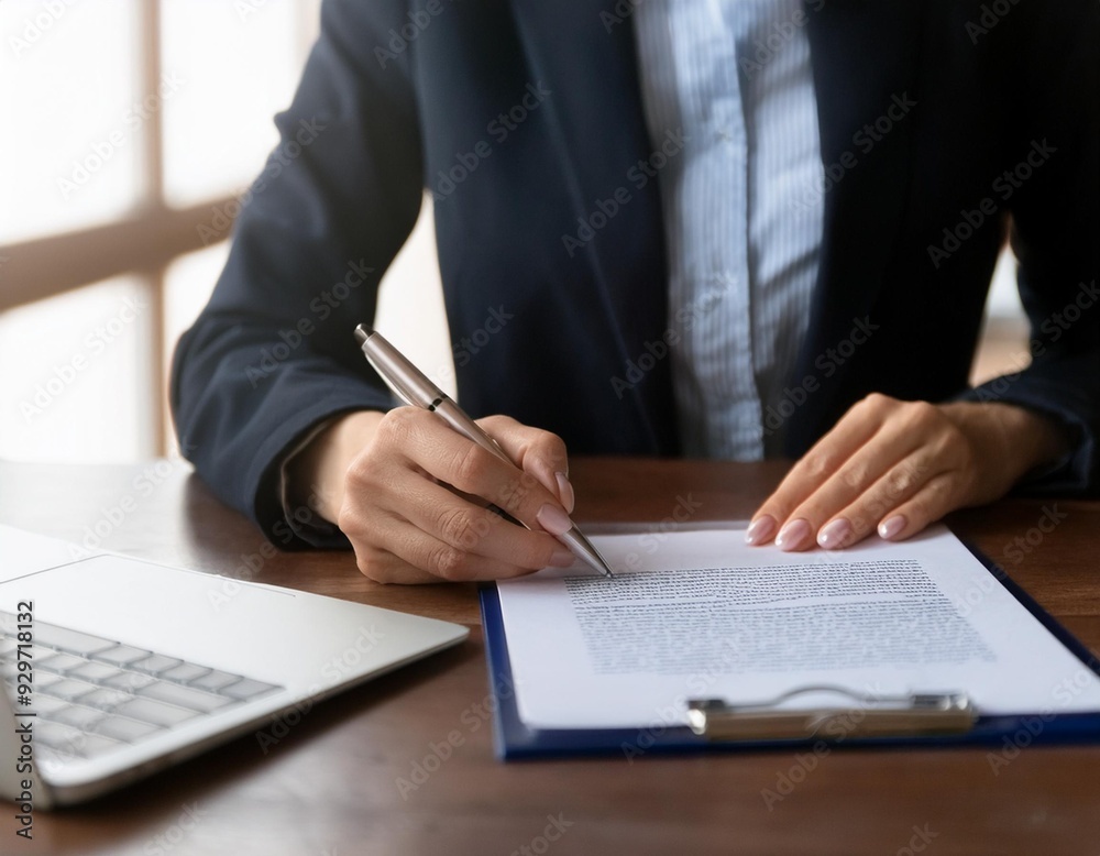 
A close-up of a businessman signing a contract at an office desk, symbolizing the completion of a successful purchasing or investment deal. 