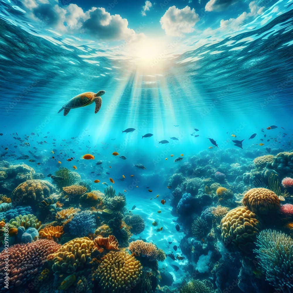 Fototapeta premium Fish and turtles swim underwater amidst coral and soft blue light.