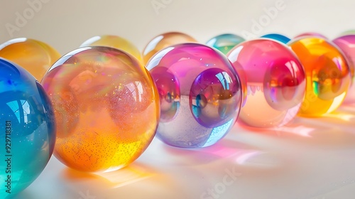 A series of pliable jellylike spheres each holding a vibrant photo