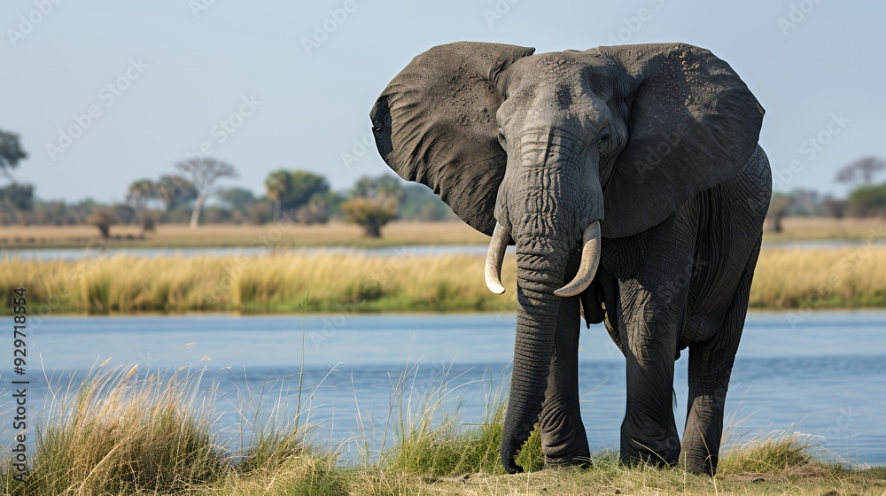 Obraz premium An adult African elephant stands on a grassy riverbank in the savannah.