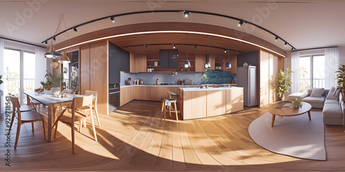 3d illustration spherical 360 vr degrees, a seamless panorama of the room and apartment . interior design 3D rendering.reception in a modern panoramic hous