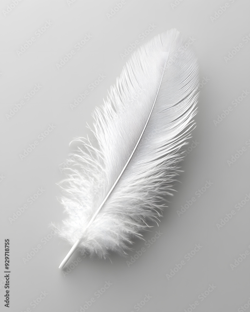 White fluffy feather isolated on light grey background White fluffy feather isolated on light grey background