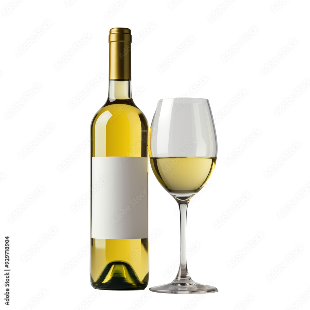White wine bottle with blank label beside a filled wine glass isolated on transparent background. White wine bottle with blank label beside a filled wine glass isolated on transparent background.