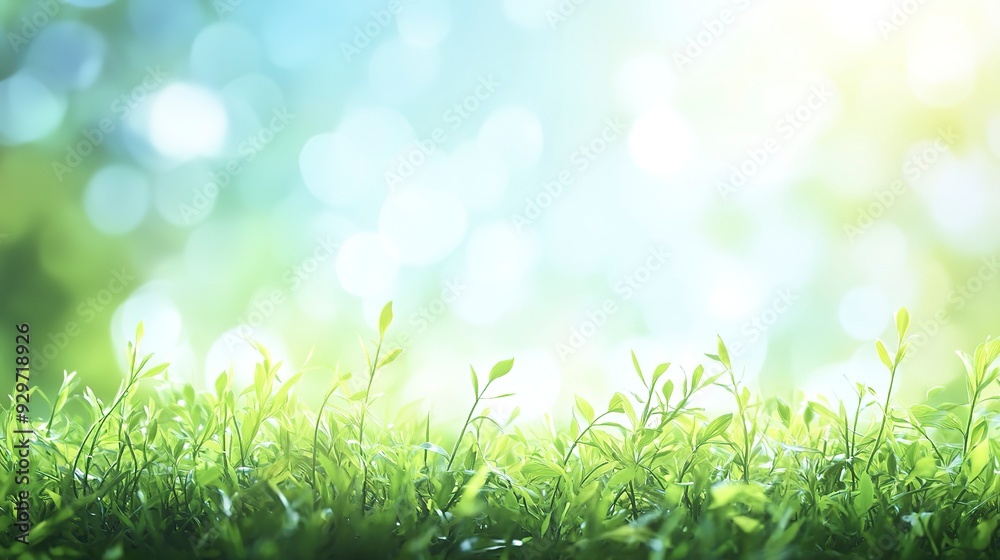 Fototapeta premium Beautiful sunny spring meadow with green grass and blue sky. Abstract background with light bokeh and space for text