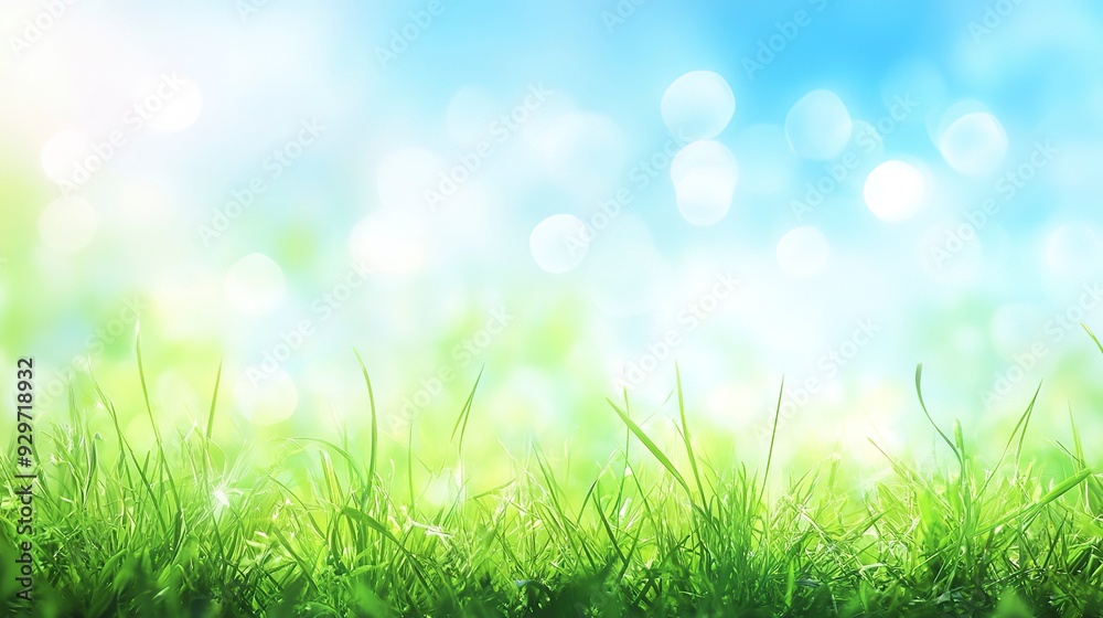 Beautiful sunny spring meadow with green grass and blue sky. Abstract background with light bokeh and space for text. Beautiful sunny spring meadow with green grass and blue sky. Abstract background with light bokeh and space for text.