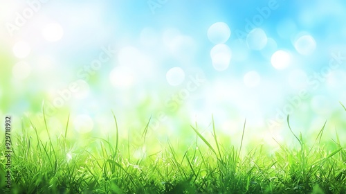 Beautiful sunny spring meadow with green grass and blue sky. Abstract background with light bokeh and space for text. 