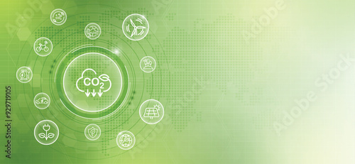 CO2 or carbon concept with icons on green background. co2 emission using clean energy and limit global warming. renewable energy, planting tree. vector design.