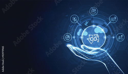 Reduce CO2 or carbon concept with icons and hand. CO2 emission using clean energy and limit global warming. renewable energy business background. vector design.