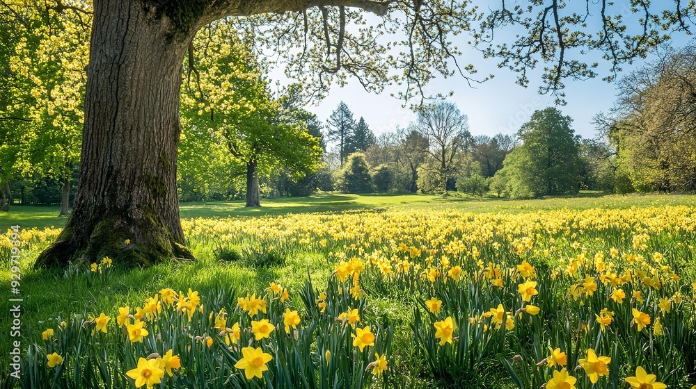 Carpet of bright yellow daffodils in spring meadow Carpet of bright yellow daffodils in spring meadow