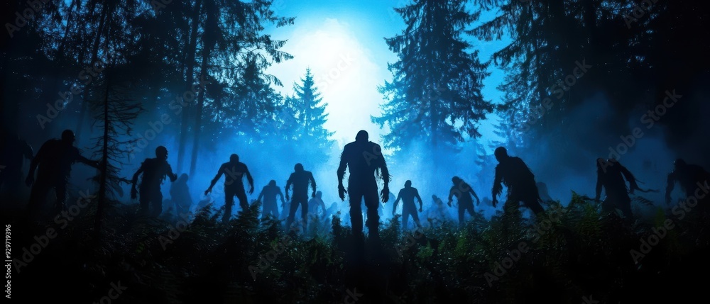 Silhouettes of figures walking through a dark and misty forest. Silhouettes of figures walking through a dark and misty forest.