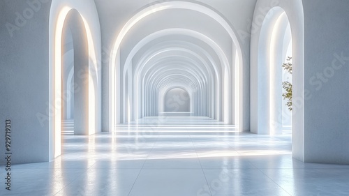 Bright white arches forming a symmetrical and luminous corridor