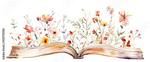 Open book with watercolor flowers and leaves.