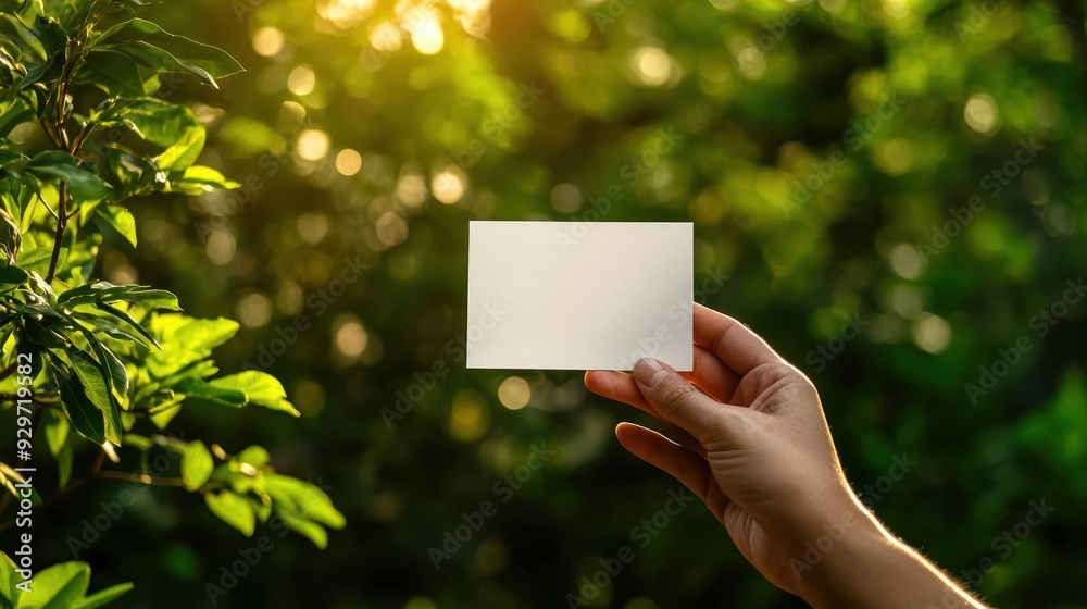 Blank white card held in hand against a natural green background. Blank white card held in hand against a natural green background.