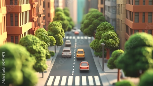 Playful 3D cartoon car on a vibrant city street with crosswalk and trees, showcasing a smooth and rounded design, perfect for posters, backgrounds, and banners in a charming C4D clay style