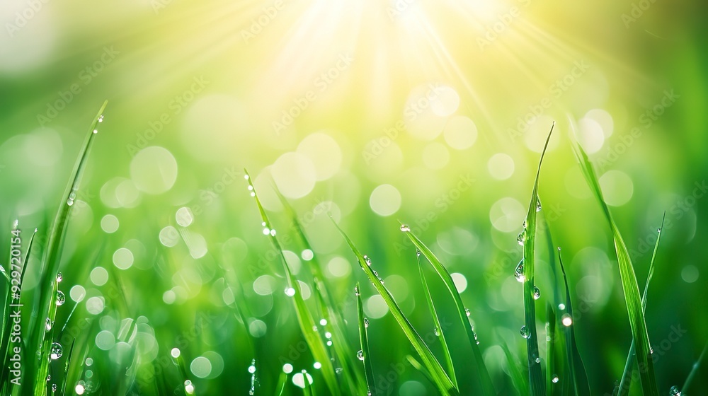 Obraz premium Close-up of dew or rain drops on blades of green grass in an early spring or summer morning, with light bokeh in the morning sun, very beautiful wide-format photo, morning sun, green grass, dew drops