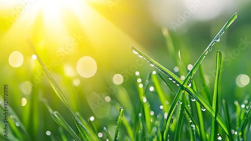 Close-up of dew or rain drops on blades of green grass in an early spring or summer morning, with light bokeh in the morning sun, very beautiful wide-format photo, morning sun, green grass, dew drops