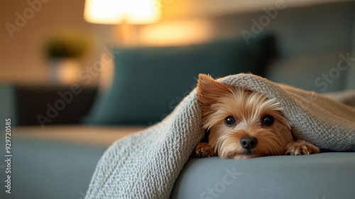 A Yorkshire Terrier peeks out from under a cozy blanket, resting on a comfortable couch in a warmly lit living room.