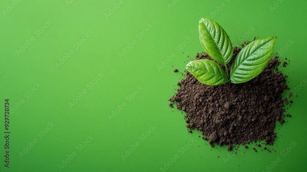 Naklejka premium A fresh green plant sprouting from dark soil on a vibrant green background, symbolizing growth and rejuvenation.