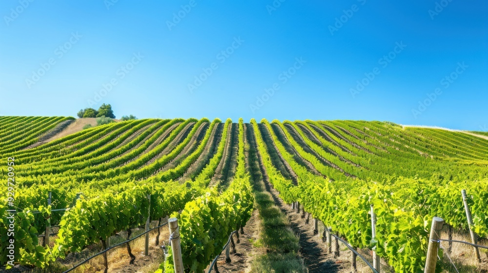 Naklejka premium A tranquil vineyard landscape with rows of green grapevines lining the mountains as far as the eye can see waiting for the harvest season in the countryside.