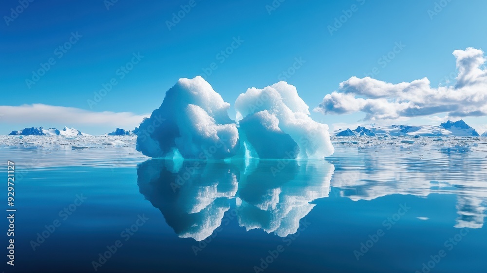 Naklejka premium A serene landscape featuring icebergs floating on calm waters under a bright blue sky, reflecting nature's beauty.