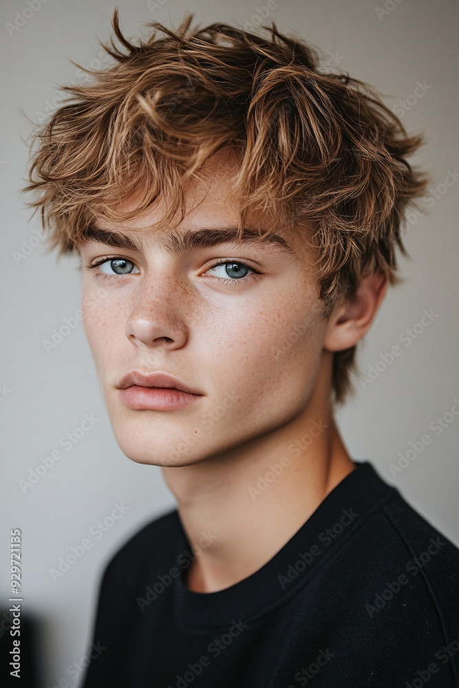 Youthful man with textured blonde hair and clear skin Youthful man with textured blonde hair and clear skin