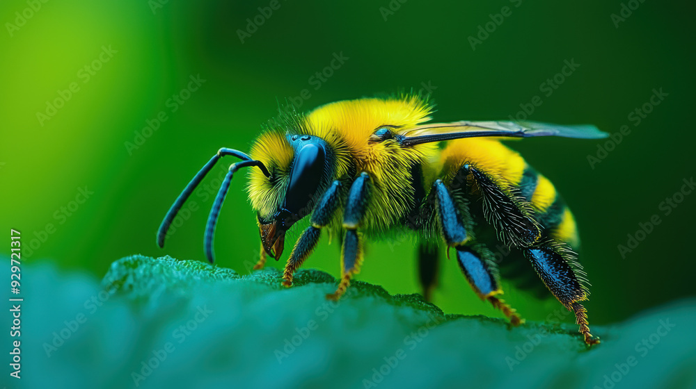 Macro shot of a brightly colored bee perched on a leaf against a vibrant green background. Macro shot of a brightly colored bee perched on a leaf against a vibrant green background.