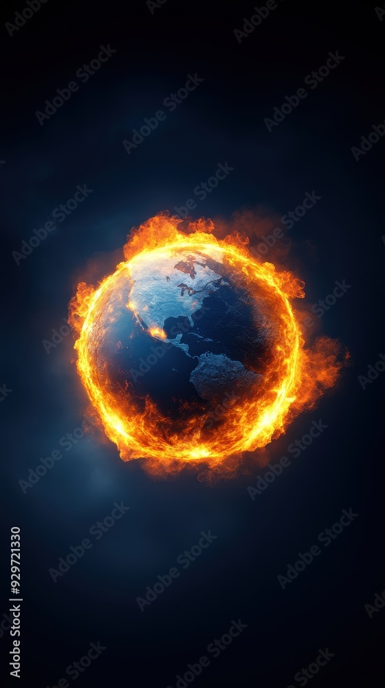 Fototapeta premium A stunning visual of Earth surrounded by fiery flames, symbolizing climate change and environmental threats.