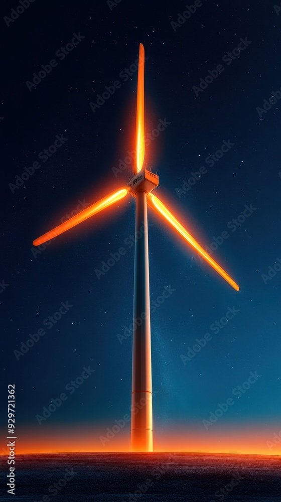 Naklejka premium A stunning wind turbine illuminated against a dark night sky, showcasing renewable energy technology and environmental sustainability.