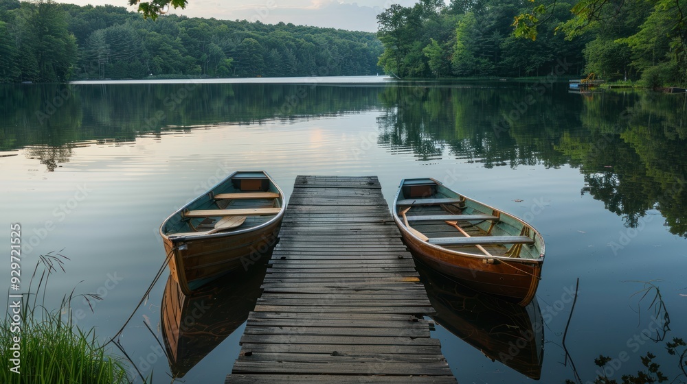 Obraz premium A rowboat is parked quietly beside a wooden pier on a lake amidst a quiet forest.