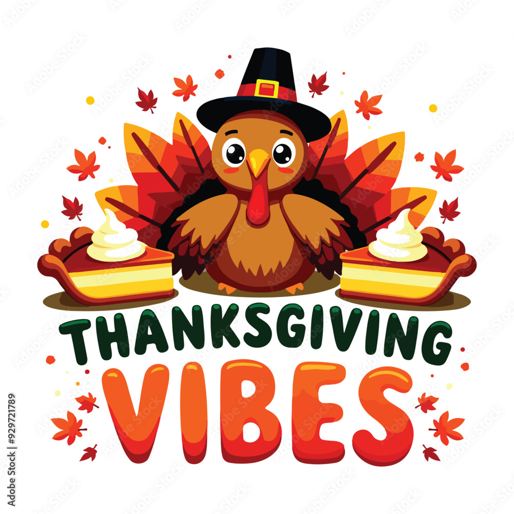 Cute Thanksgiving Turkey with Pie and Autumn Leaves Illustration Celebrating Thanksgiving Vibes and Festivities
