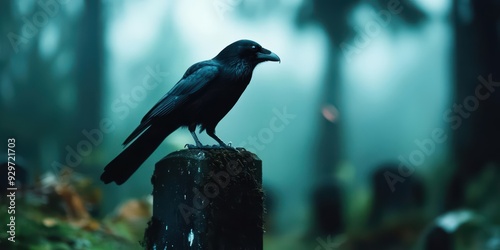 A lone crow perched on a tree stump in a misty forest. photo