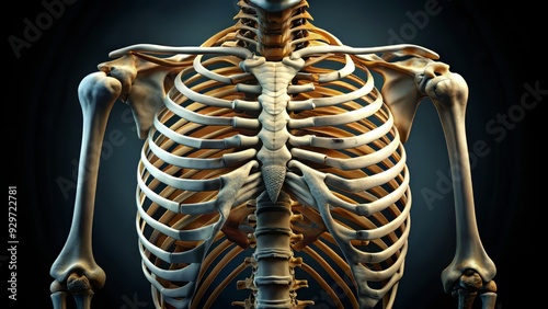 Macro view of a human ribcage skeleton, showing detailed structure of sternum, thoracic vertebrae, and curved rib bones in a dramatic, high-contrast lighting setting. photo