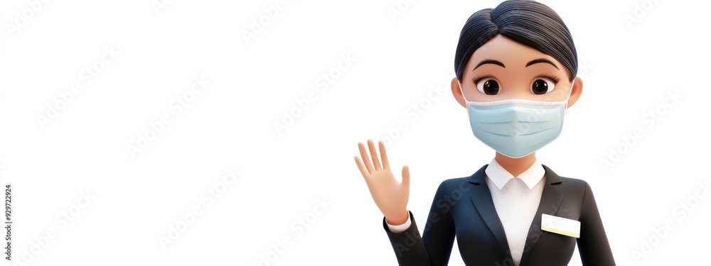 3D Cartoon Business Woman in Black Suit with Surgical Mask Holding Hand Open on White Background Health Information Concept 3D Cartoon Business Woman in Black Suit with Surgical Mask Holding Hand Open on White Background Health Information Concept