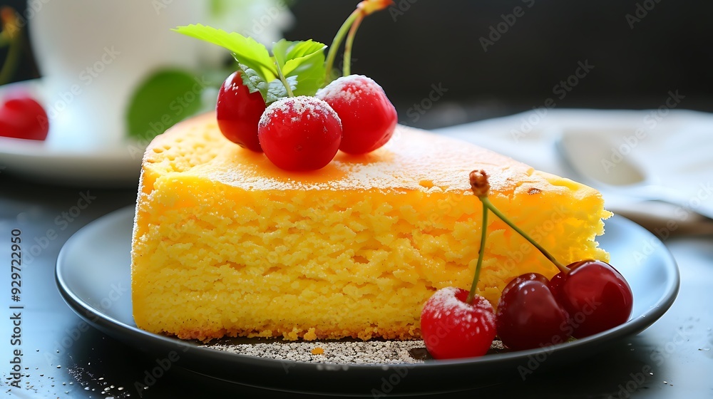 A slice of yellow colored cherry sponge pudding A slice of yellow colored cherry sponge pudding