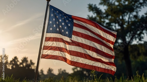 On Labor Day, the US flag is backlit in the outdoors. Photo