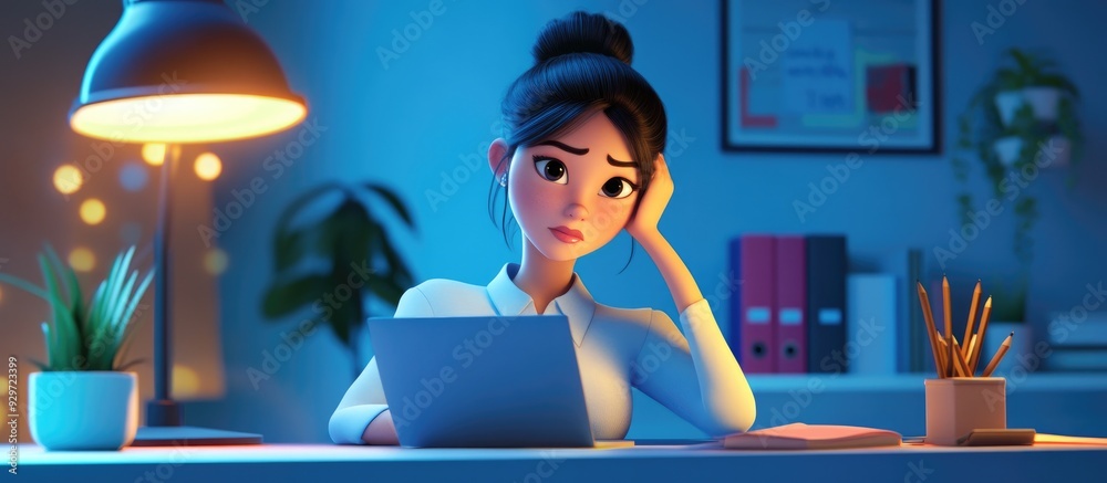 3D Cartoon Asian Businesswoman Working Late at Home Feeling Busy and Tired 3D Cartoon Asian Businesswoman Working Late at Home Feeling Busy and Tired