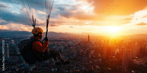 A tandem parachute jump over a bustling city, with skyscrapers and urban lights visible far below, under a twilight sky thrilling and urban