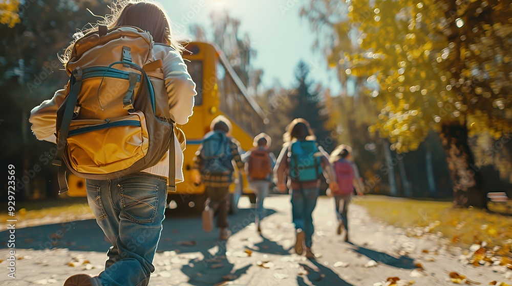 Fototapeta premium School children with backpacks run towards a yellow school bus on a sunny autumn day.