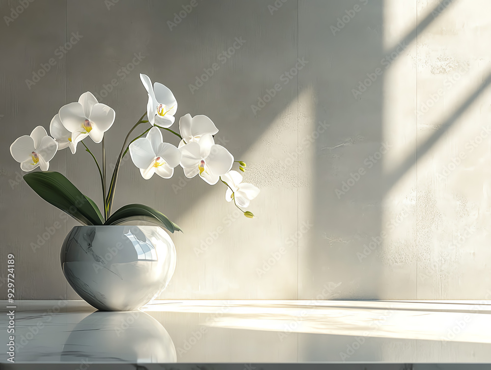 White orchid flowers in a ceramic vase, illuminated by sunlight. White orchid flowers in a ceramic vase, illuminated by sunlight.