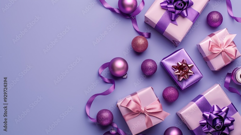 A set of one gift box with pink and purple ribbon bows for special days, Christmas and New Year. Purple background.