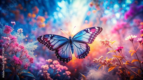 Infrared photograph of a surreal dreamscape with a butterfly icon, radiating a whimsical aura, captured using a multiple-exposure technique, in iridescent colors, symbolizing transformation. photo