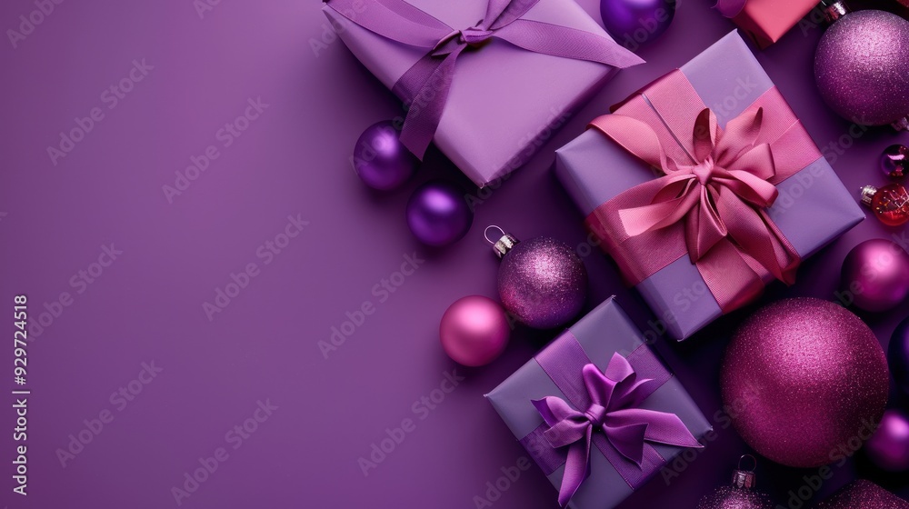 A set of one gift box with pink and purple ribbon bows for special days, Christmas and New Year. Purple background. A set of one gift box with pink and purple ribbon bows for special days, Christmas and New Year. Purple background.