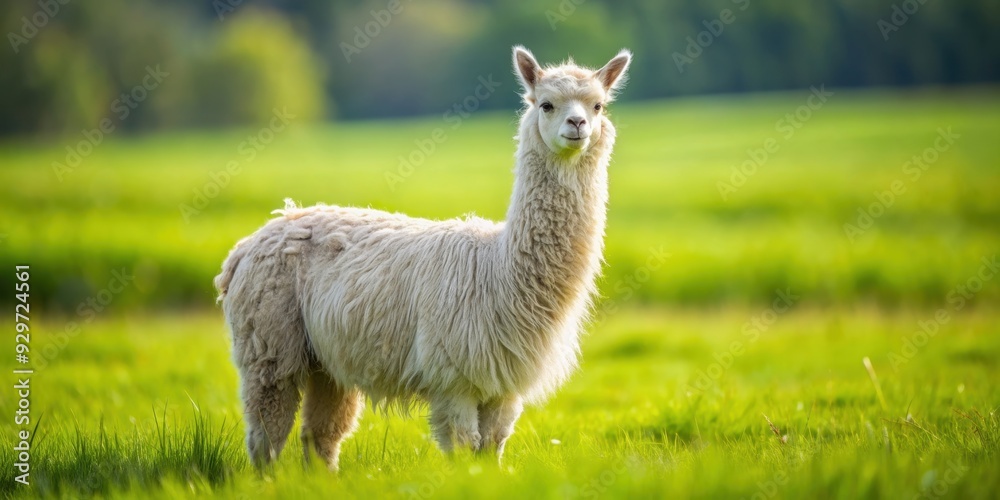 Fototapeta premium Furry lama alpaca standing in a green field, alpaca, lama, furry, animal, cute, farm, domestic, fluffy, wool, South America