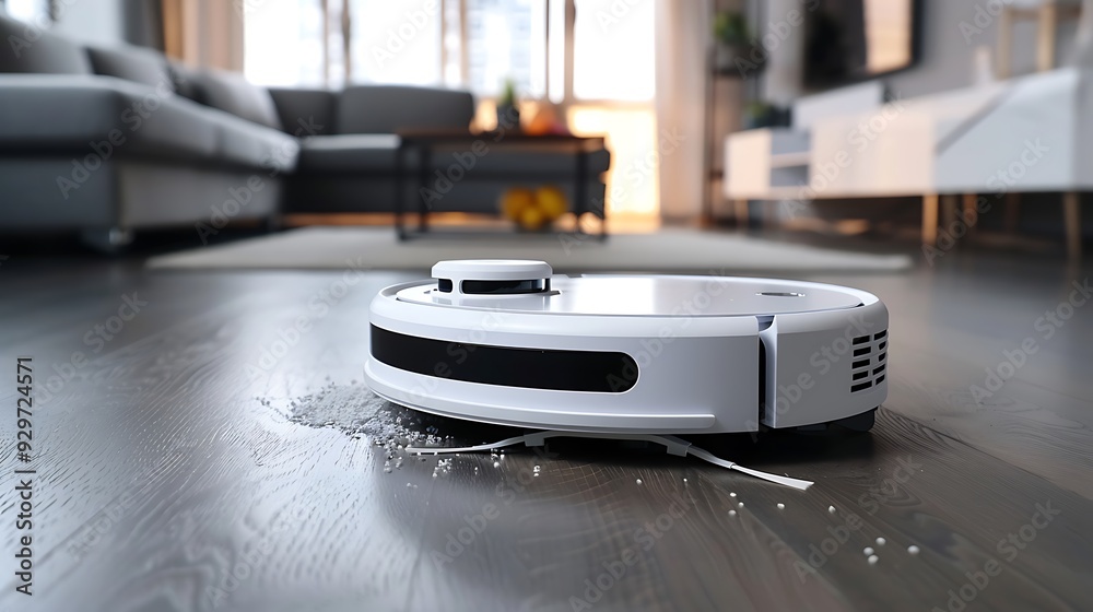 A small white vacuum cleaner robot cleans rubbish on a gray hardwood table A small white vacuum cleaner robot cleans rubbish on a gray hardwood table