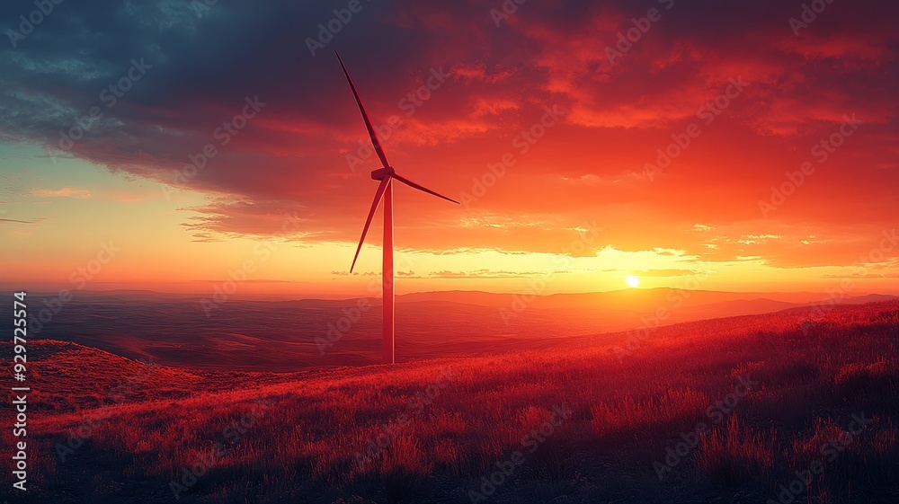 Wind Turbine On A Hilltop During A Colorful Sunset Wind Turbine On A Hilltop During A Colorful Sunset