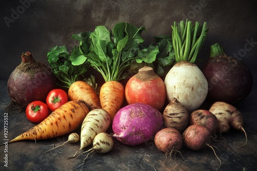 A colorful assortment of fresh root vegetables, including carrots, beets, radishes, and turnips, displayed on a rustic dark surface. photo